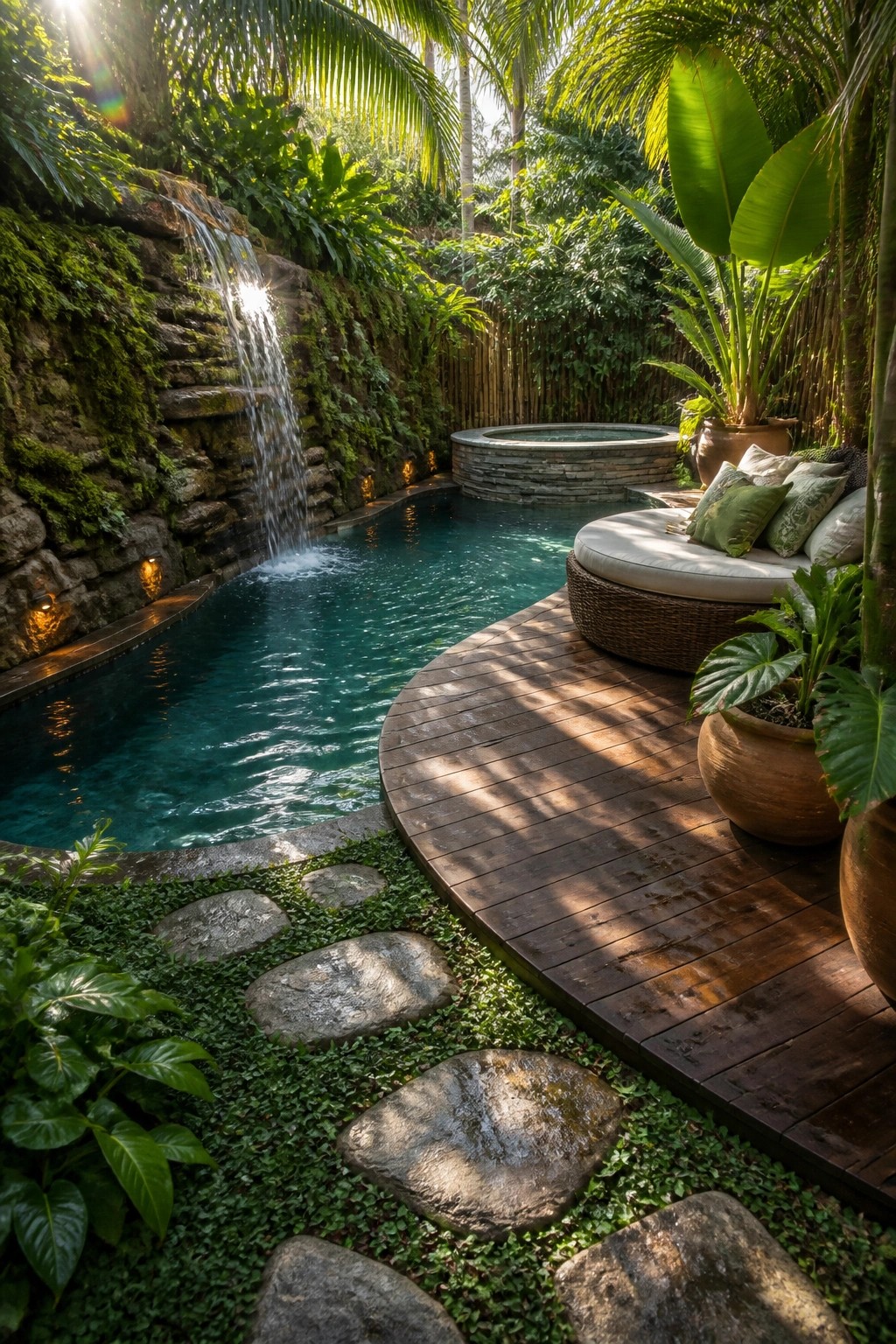 A freeform pool with a curved wooden deck, a waterfall on a moss-covered stone wall, and a round cushioned daybed beside large potted plants.