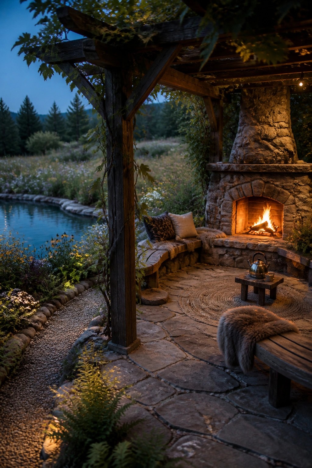 A dusk view of a curved stone patio with a built-in stone fireplace, wooden benches, a small table, and a pool edge lined with plants and flowers.