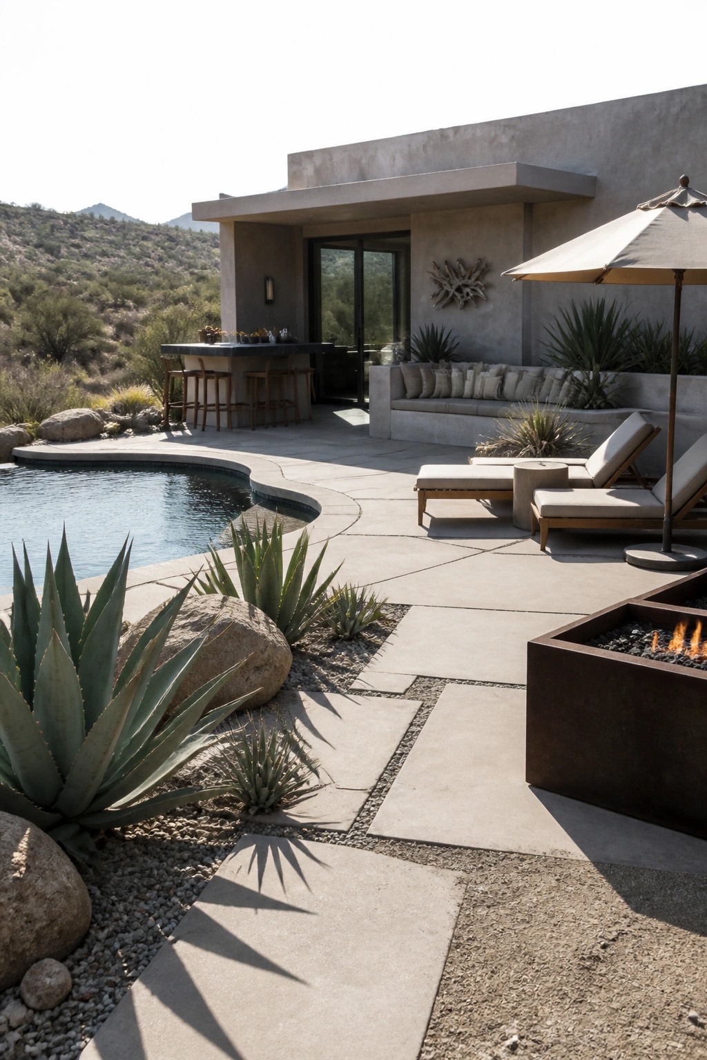 A freeform pool with curved stone pavers, two lounge chairs, a fire pit, built-in seating, and desert plants beside a modern concrete house.