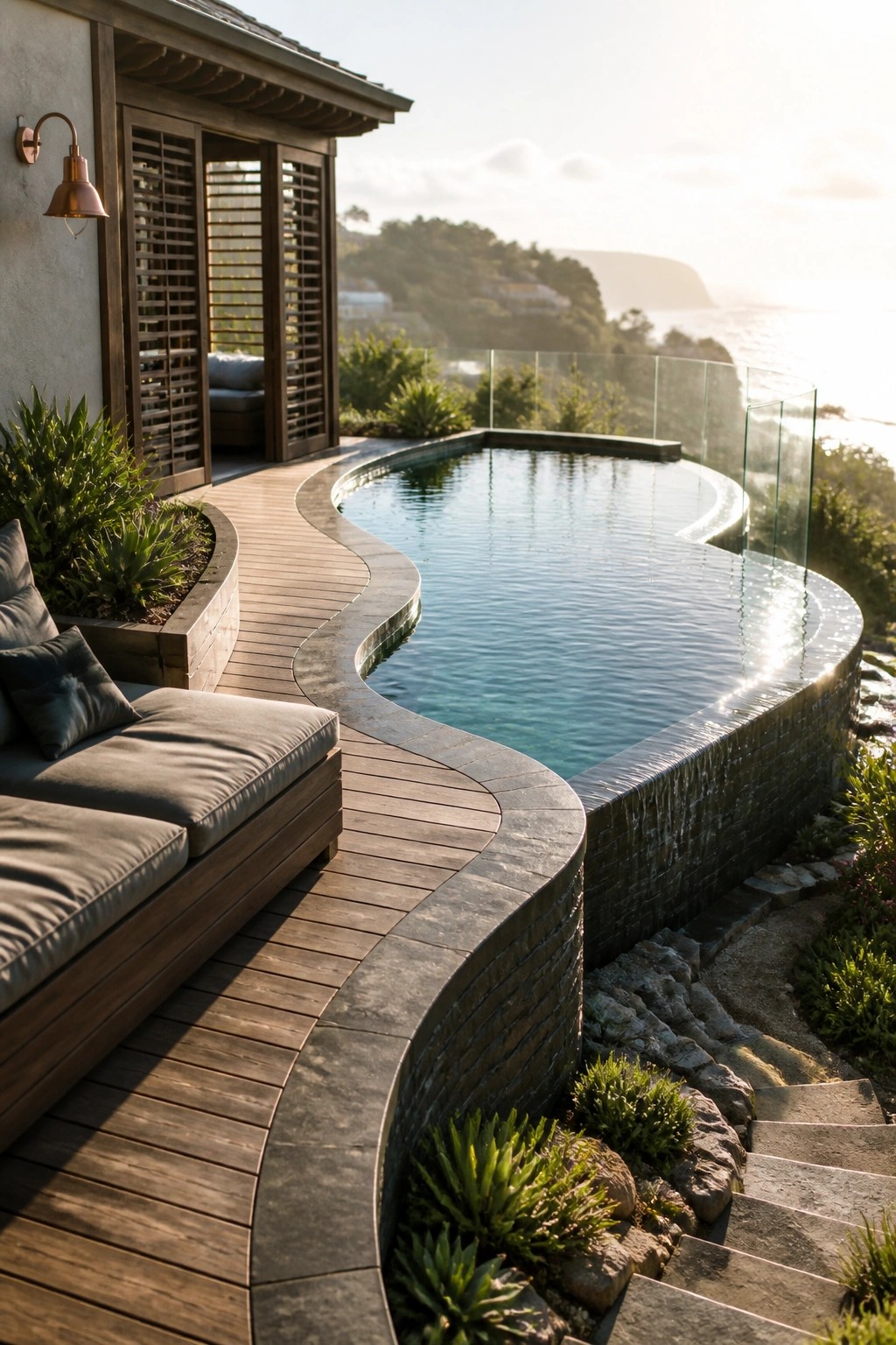 A freeform pool with curved wooden decking, built-in lounge seating, stone retaining wall, and glass railing on a hillside overlooking the ocean.