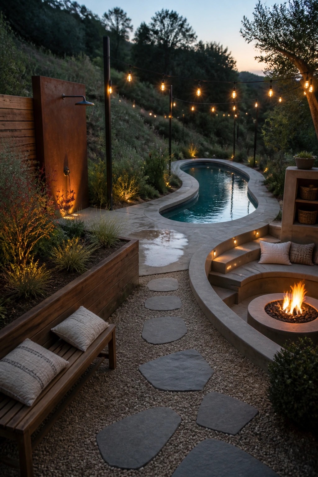 A freeform pool with curved concrete decking, integrated fire pit seating, gravel path, and string lights set against a hillside at dusk.
