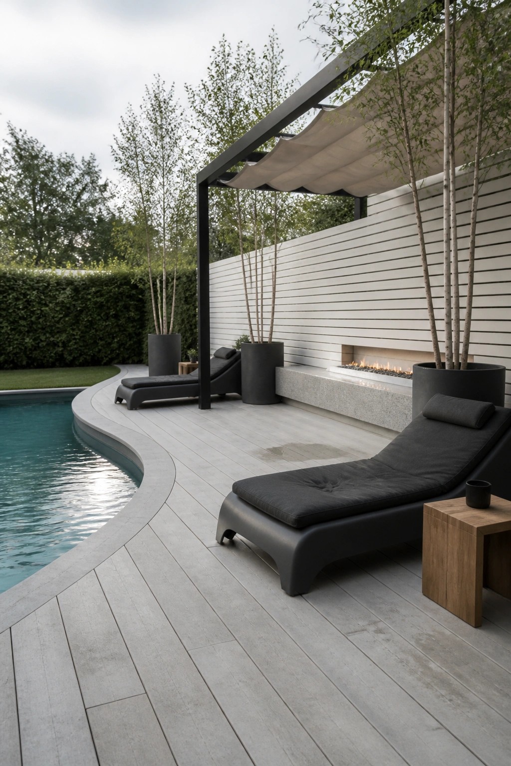 A curved freeform pool with matching curved gray decking, black lounge chairs, potted trees, and a built-in fire feature along a white wall.