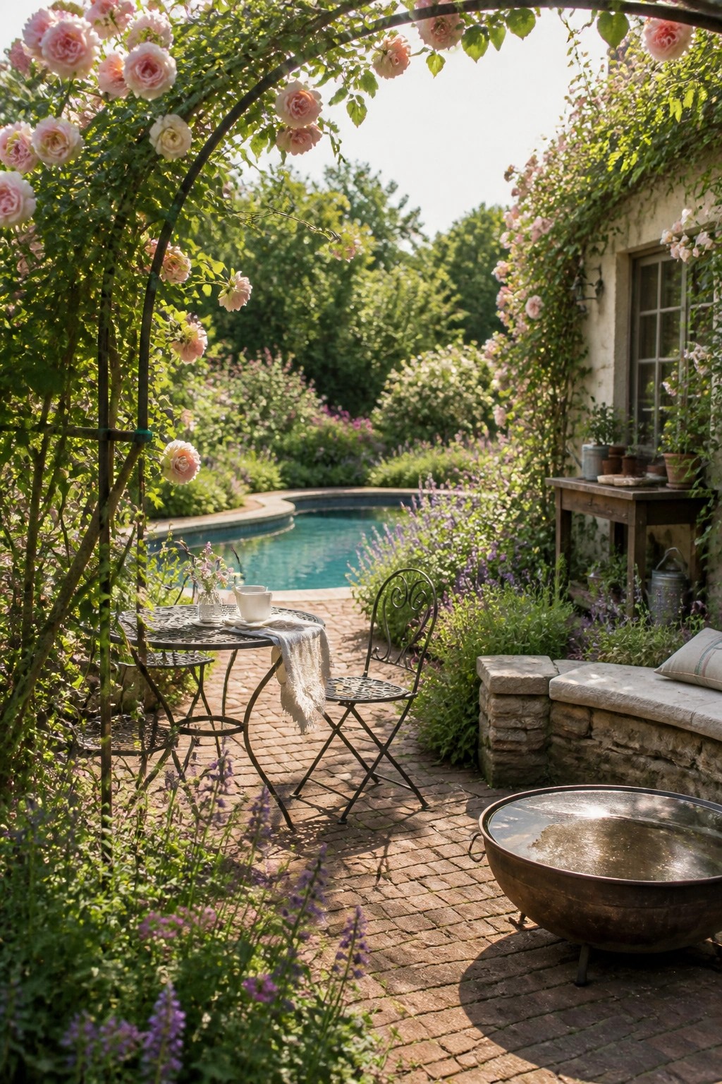 Romantic garden patio with rose-covered arch, table, chairs, and pool.