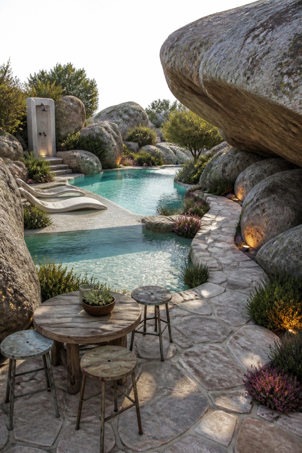 A freeform pool bordered by large natural boulders with a stone patio, rustic wooden table and stools in the foreground, and lounge chairs near an outdoor shower.