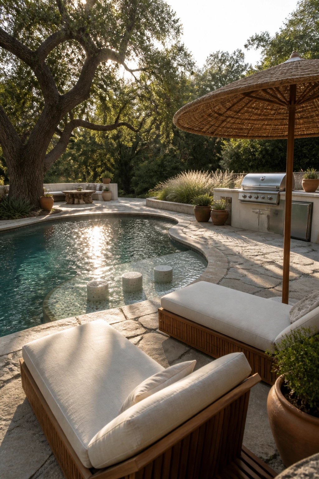 A freeform pool curves around a large tree with a stone patio, lounge chairs, and an outdoor kitchen area.