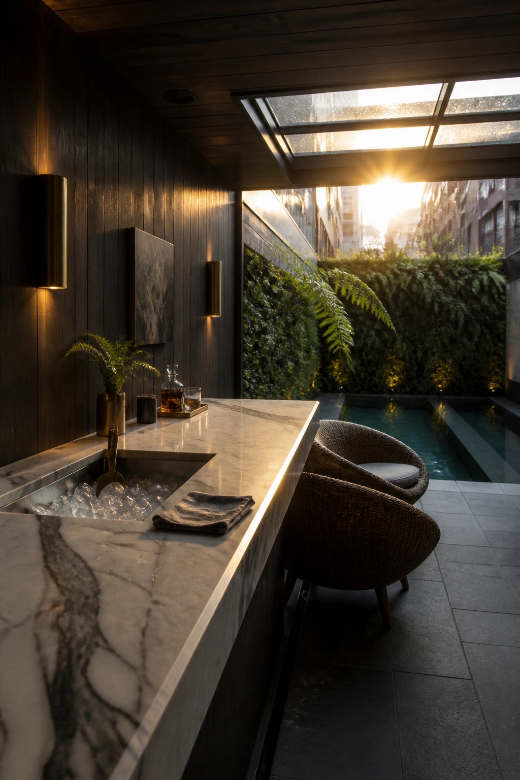 22 Creative Pool Cabana Layout Ideas That Maximize Limited Poolside Space An outdoor pool cabana with a long marble bar counter featuring an ice well, two woven chairs, and a small pool visible beyond a living wall.
