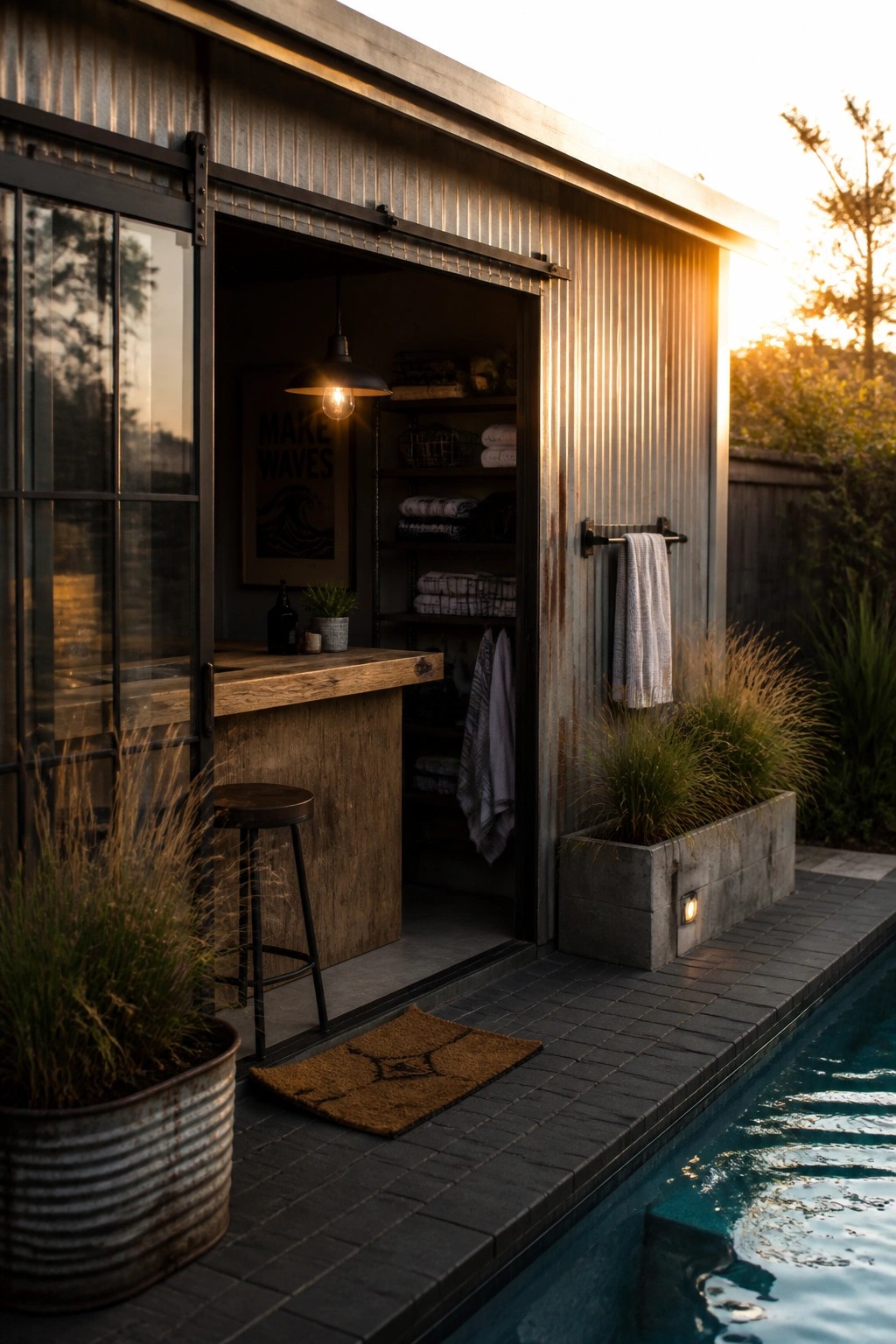 22 Creative Pool Cabana Layout Ideas That Maximize Limited Poolside Space A metal pool cabana with an open sliding door showing a wooden bar counter, shelves holding towels, and a towel rack mounted on the exterior wall next to the pool.