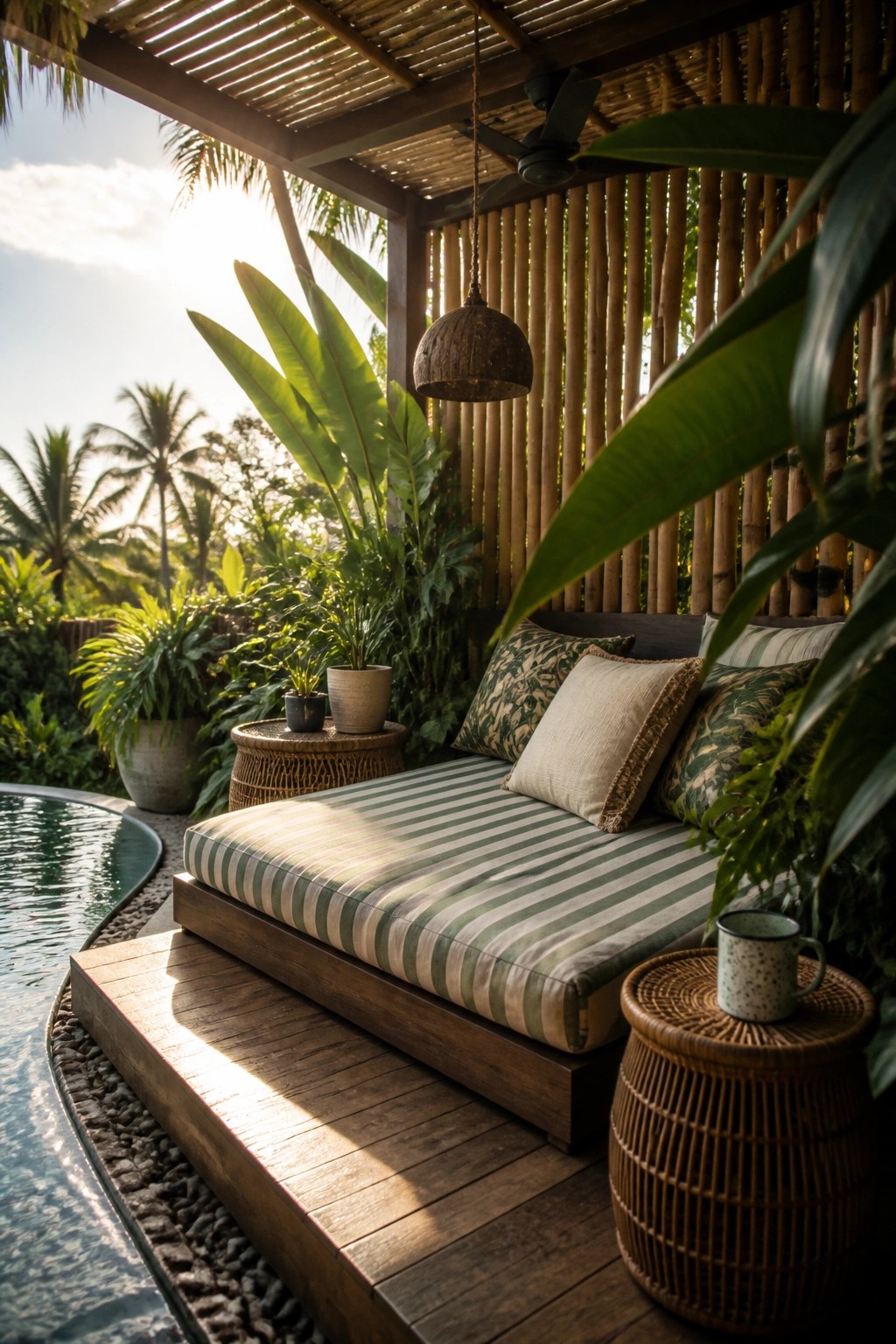 22 Creative Pool Cabana Layout Ideas That Maximize Limited Poolside Space A wooden daybed with green and white striped cushions sits on a deck next to a pool, with rattan tables, pillows, and tropical plants around it.