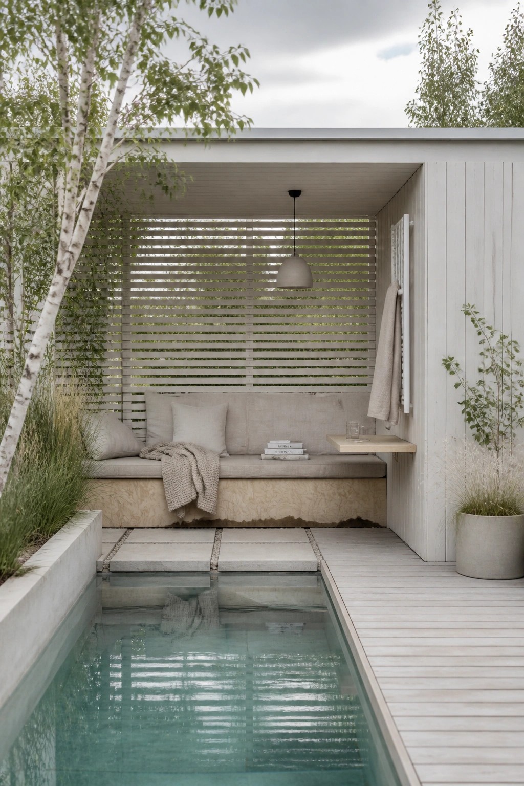 22 Creative Pool Cabana Layout Ideas That Maximize Limited Poolside Space An outdoor pool cabana with a long built-in bench seat, light cushions, and a narrow deck path over a small pool, surrounded by trees and white walls.