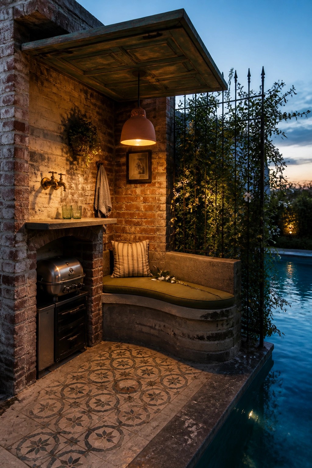 22 Creative Pool Cabana Layout Ideas That Maximize Limited Poolside Space Brick patio with grill, curved bench, hanging lamp, and pool at dusk