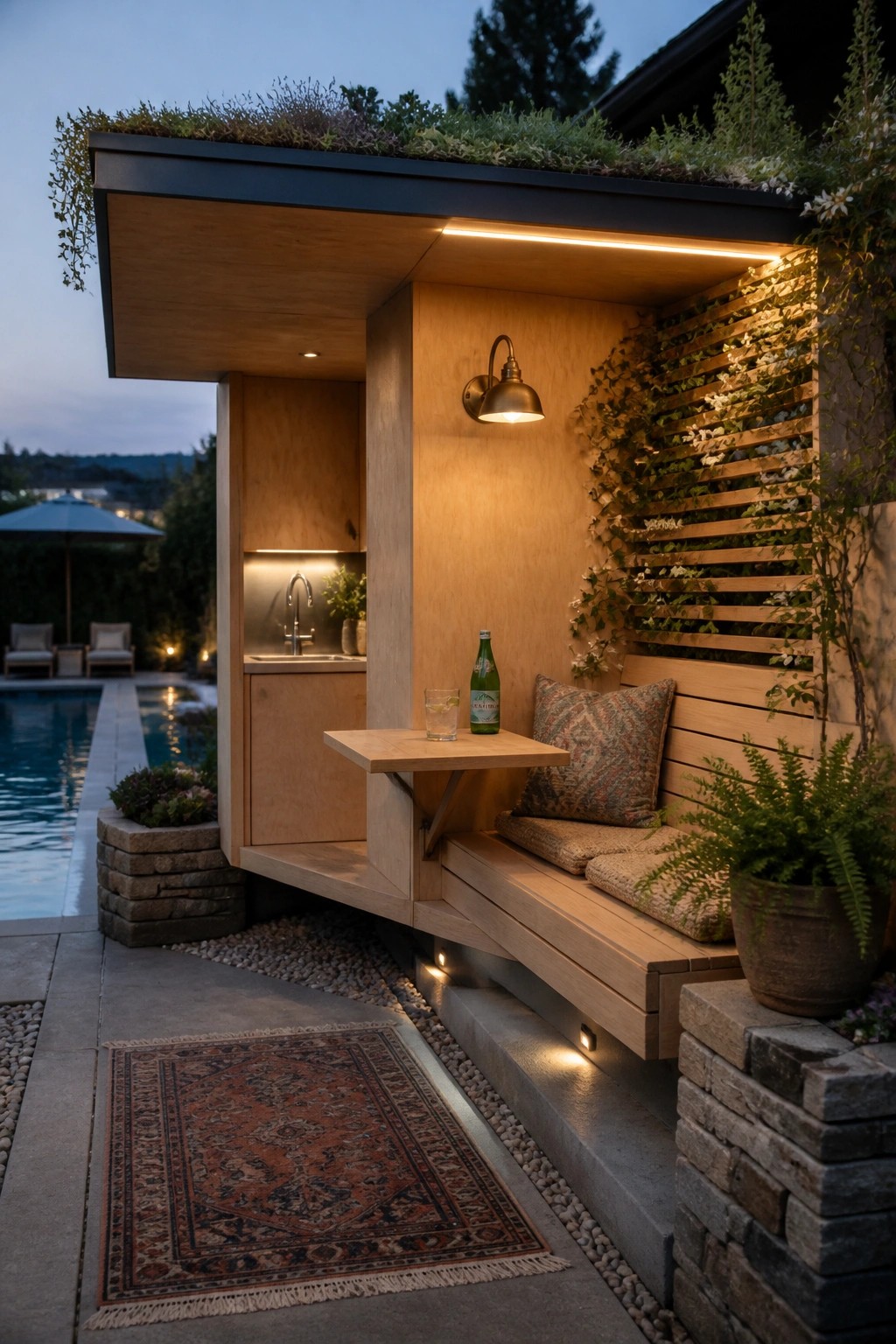22 Creative Pool Cabana Layout Ideas That Maximize Limited Poolside Space Modern wooden poolside nook with bench, cushions, table, sink, and green roof.