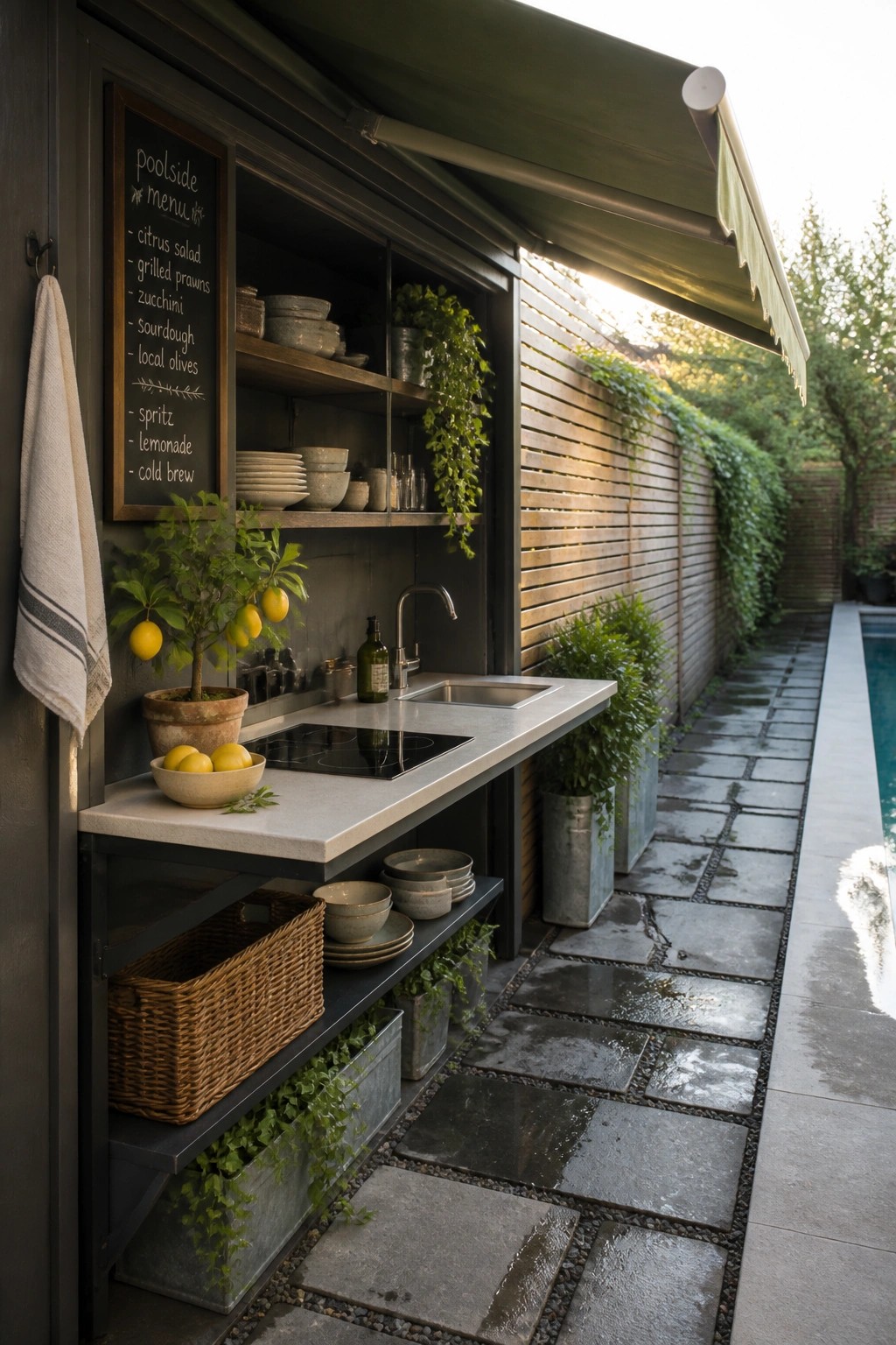 22 Creative Pool Cabana Layout Ideas That Maximize Limited Poolside Space Outdoor kitchen beside a pool with a concrete counter, sink, cooktop, open upper shelves, and lower open shelves holding baskets and dishes.