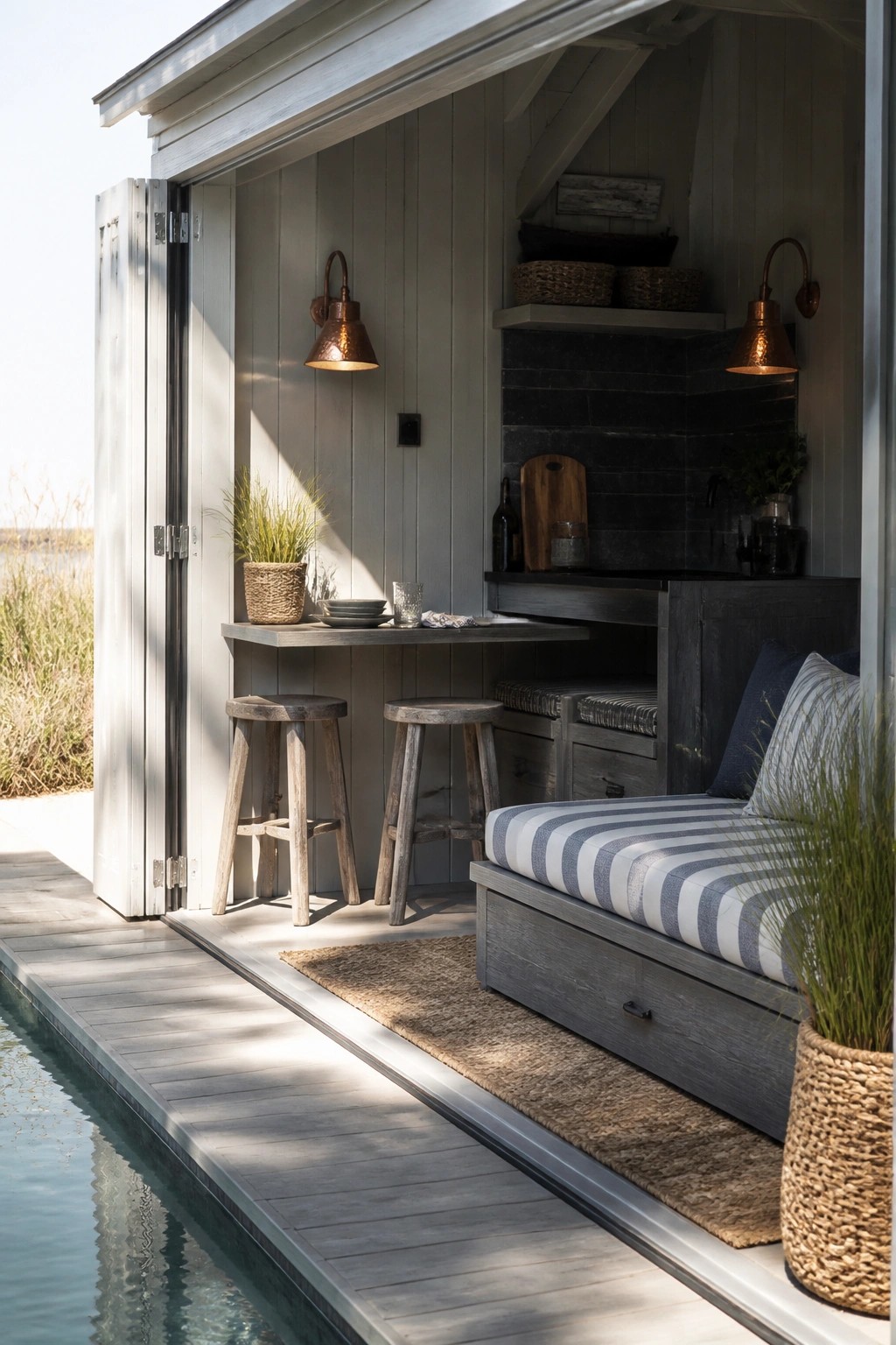 22 Creative Pool Cabana Layout Ideas That Maximize Limited Poolside Space Rustic cabin interior with striped daybed, wooden stools, copper lights, and water view.