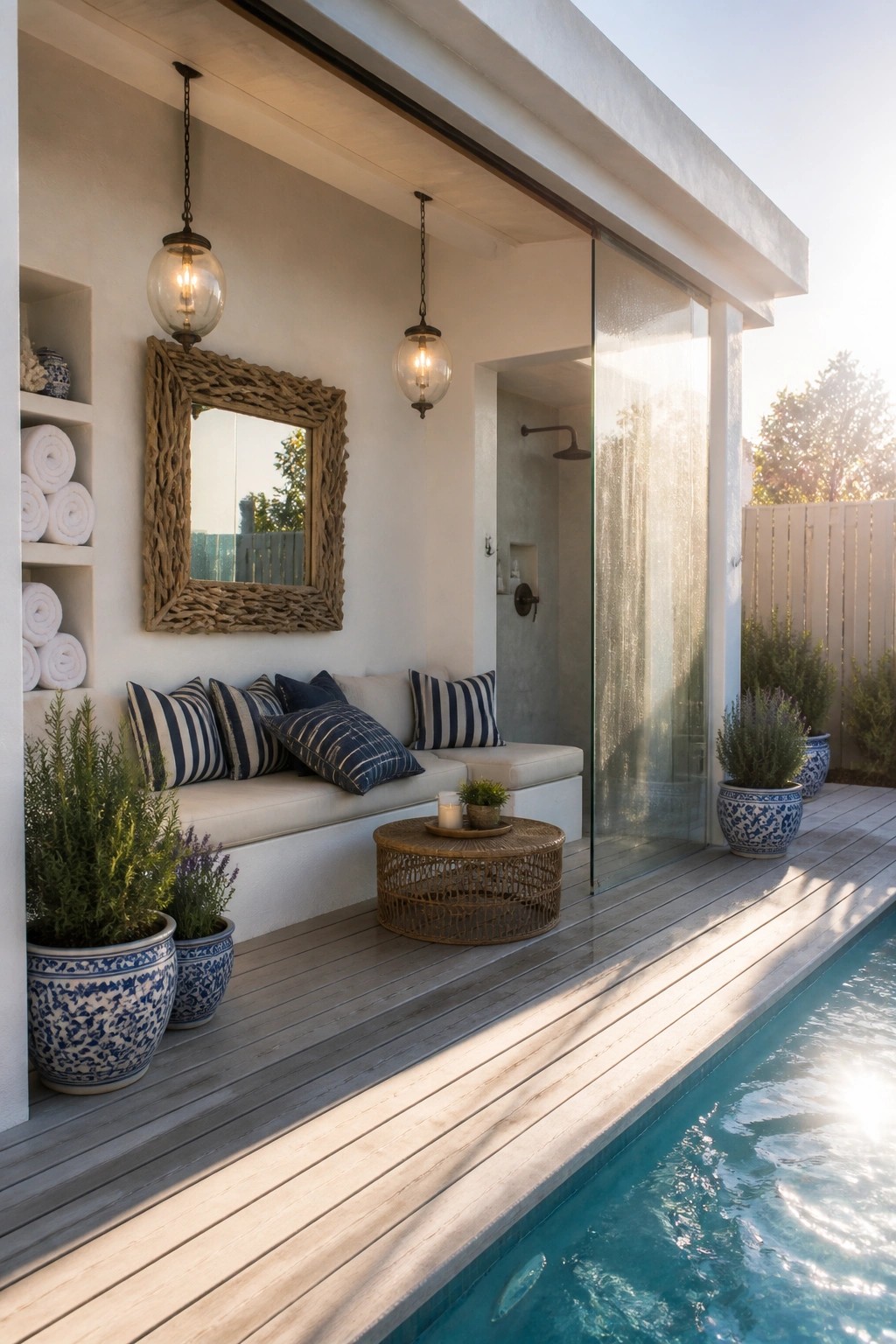 22 Creative Pool Cabana Layout Ideas That Maximize Limited Poolside Space A poolside cabana with built-in bench seating, striped cushions, potted plants, and glass sliding doors next to a swimming pool.