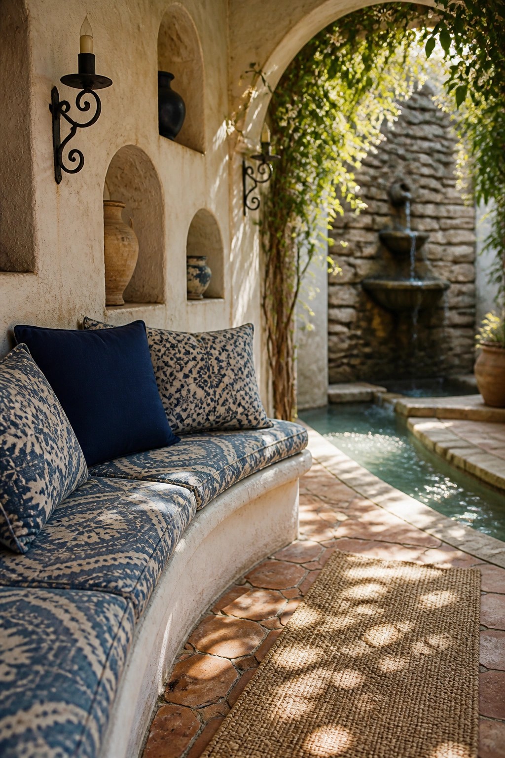 22 Creative Pool Cabana Layout Ideas That Maximize Limited Poolside Space Curved bench with blue patterned cushions beside stone fountain in sunlit courtyard
