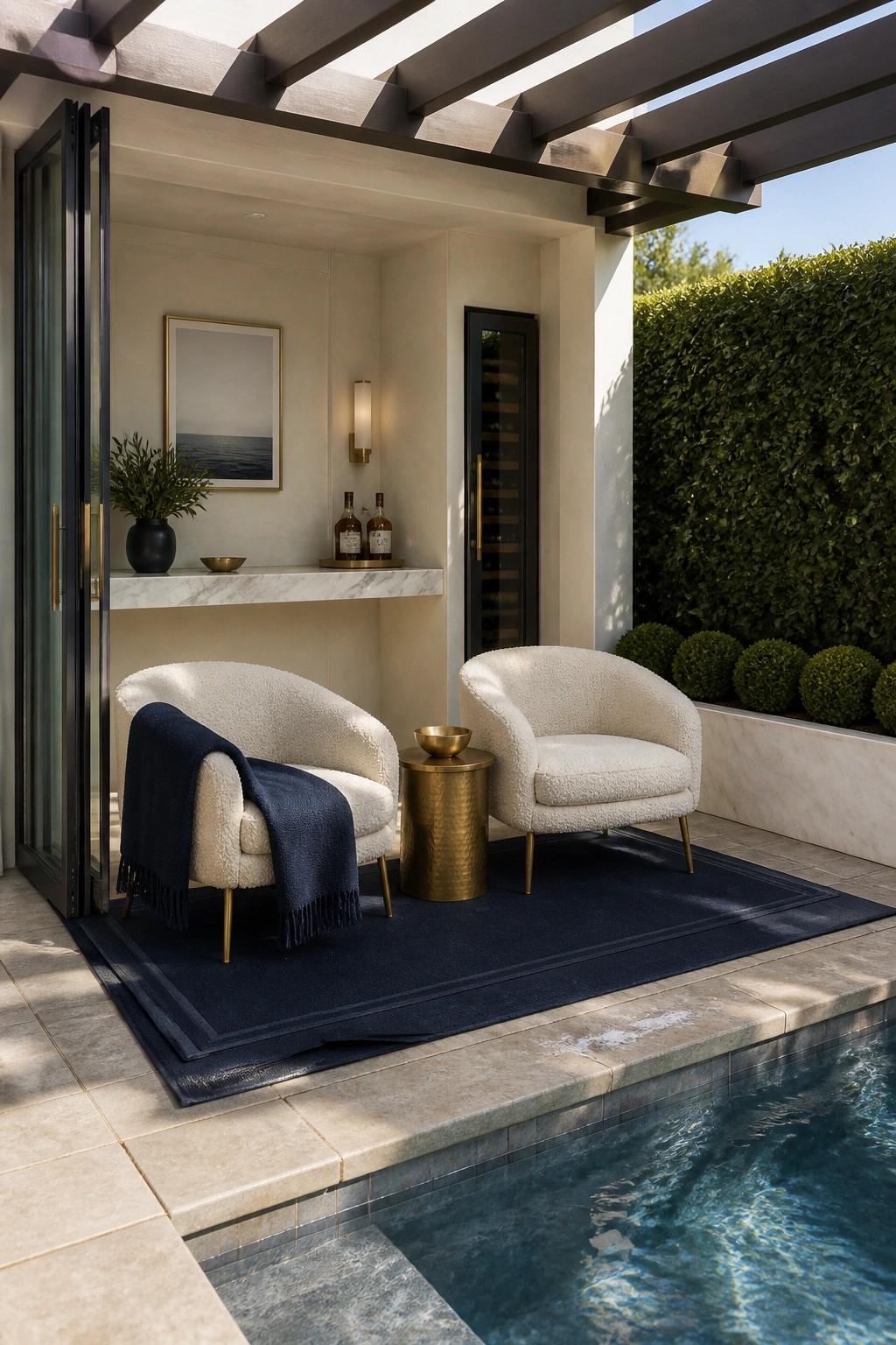 22 Creative Pool Cabana Layout Ideas That Maximize Limited Poolside Space Two white bouclé armchairs rest on a dark blue rug next to a pool, with a marble counter and wine storage visible under a covered structure.