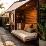 A narrow wooden pool cabana with a built-in daybed, mini fridge, counter, and retractable awning beside a swimming pool.