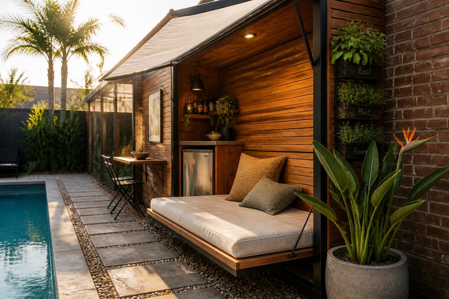 A narrow wooden pool cabana with a built-in daybed, mini fridge, counter, and retractable awning beside a swimming pool.