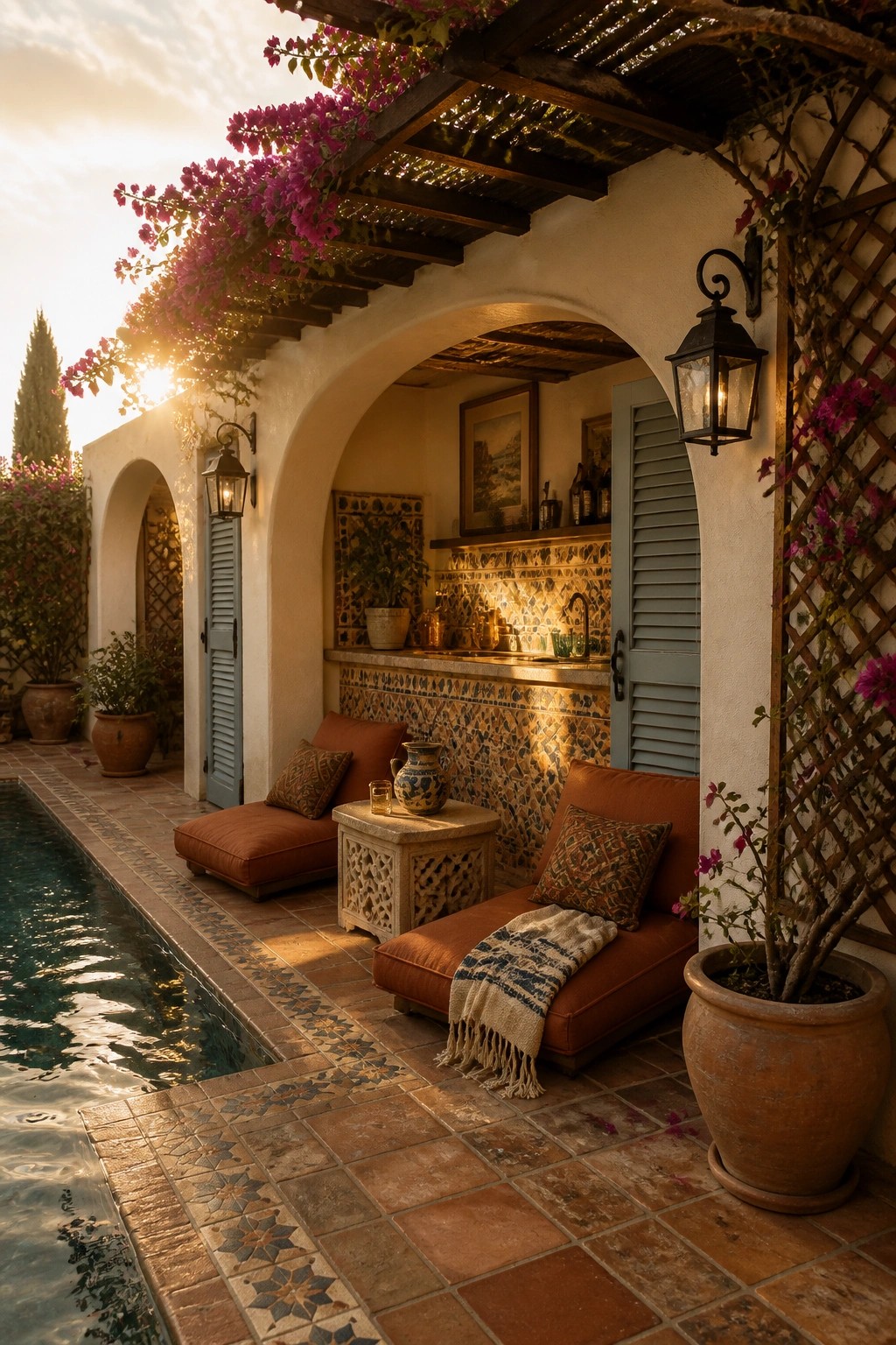 22 Creative Pool Cabana Layout Ideas That Maximize Limited Poolside Space An outdoor poolside cabana with terracotta lounge seating, a tiled bar counter under an arch, and flowering vines on a pergola beside the water.