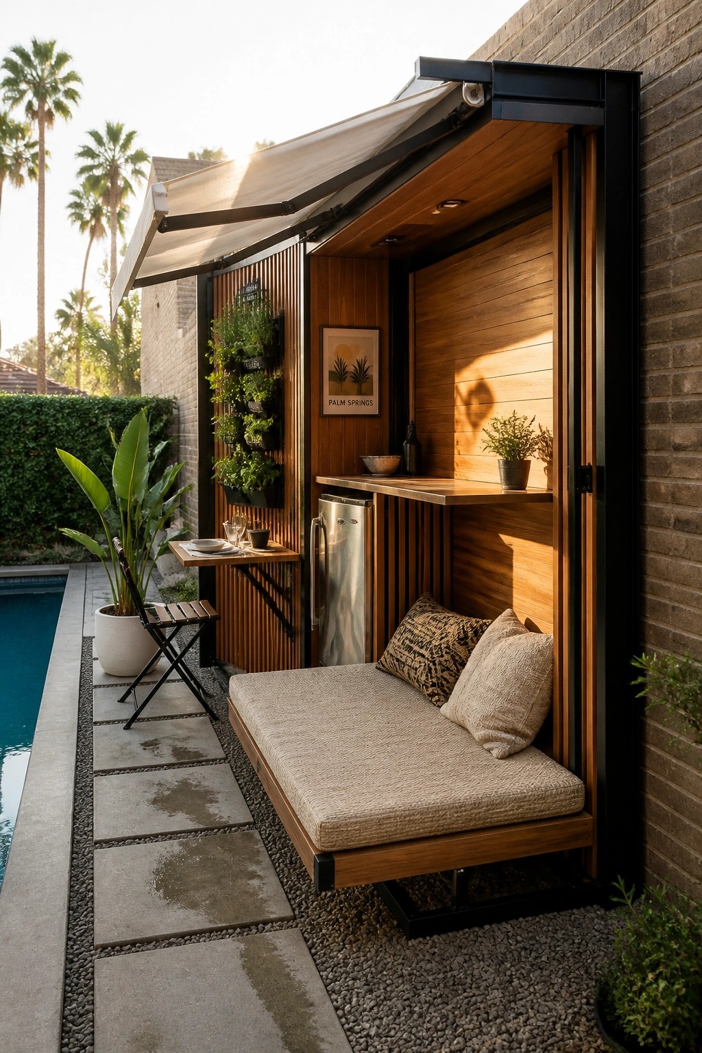 22 Creative Pool Cabana Layout Ideas That Maximize Limited Poolside Space A narrow wooden pool cabana with a built-in daybed, mini fridge, counter, and retractable awning beside a swimming pool.
