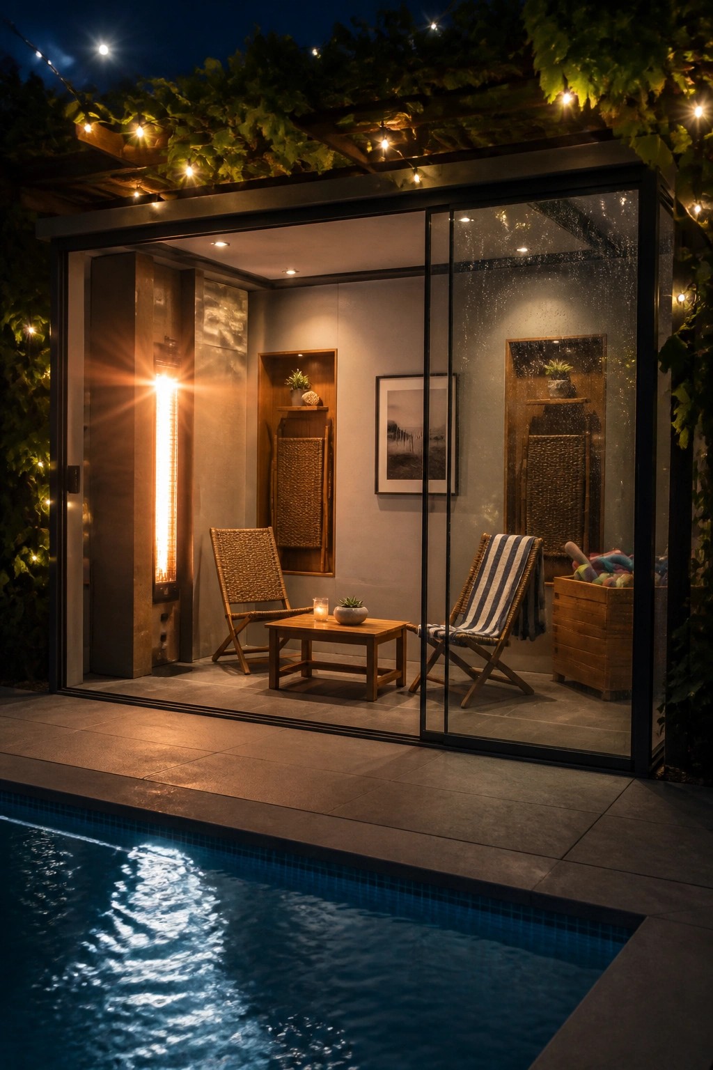 22 Creative Pool Cabana Layout Ideas That Maximize Limited Poolside Space Nighttime glass room by pool with woven chairs, wooden table, and glowing heater under string lights