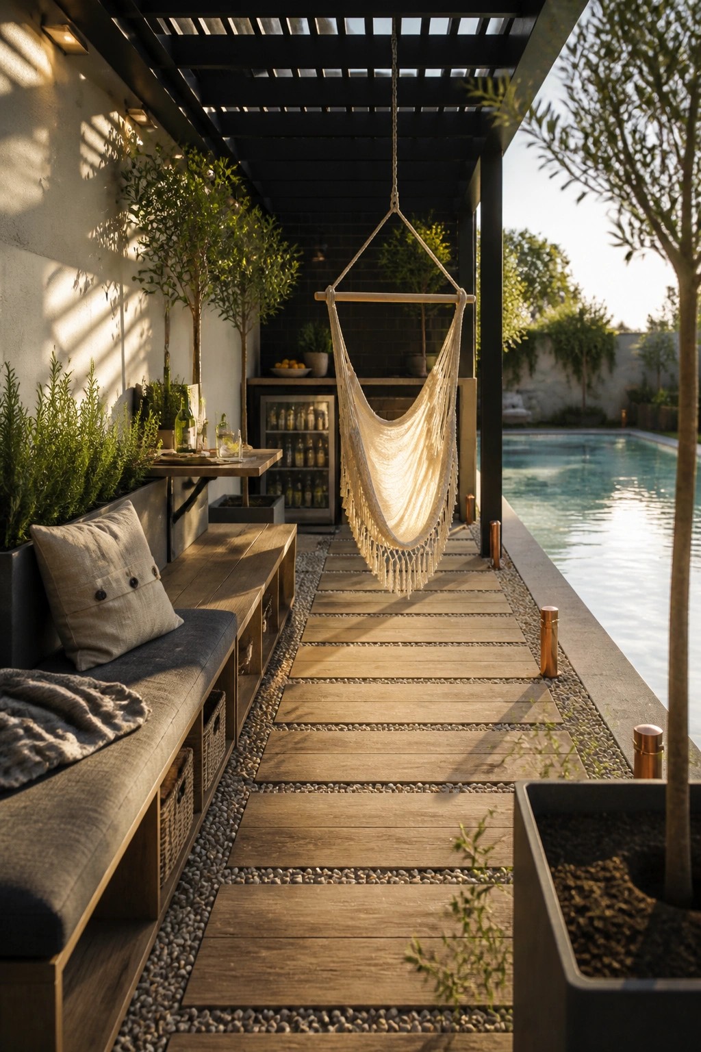 22 Creative Pool Cabana Layout Ideas That Maximize Limited Poolside Space A cream macrame hammock hangs from a black pergola over a narrow wooden walkway next to a swimming pool, with a built-in bench and plants along one side.