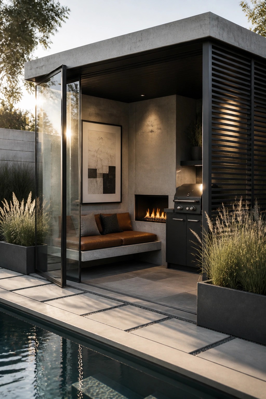 22 Creative Pool Cabana Layout Ideas That Maximize Limited Poolside Space A modern concrete pool cabana featuring built-in bench seating, a fireplace, and an outdoor kitchen area next to a swimming pool with glass doors on one side.