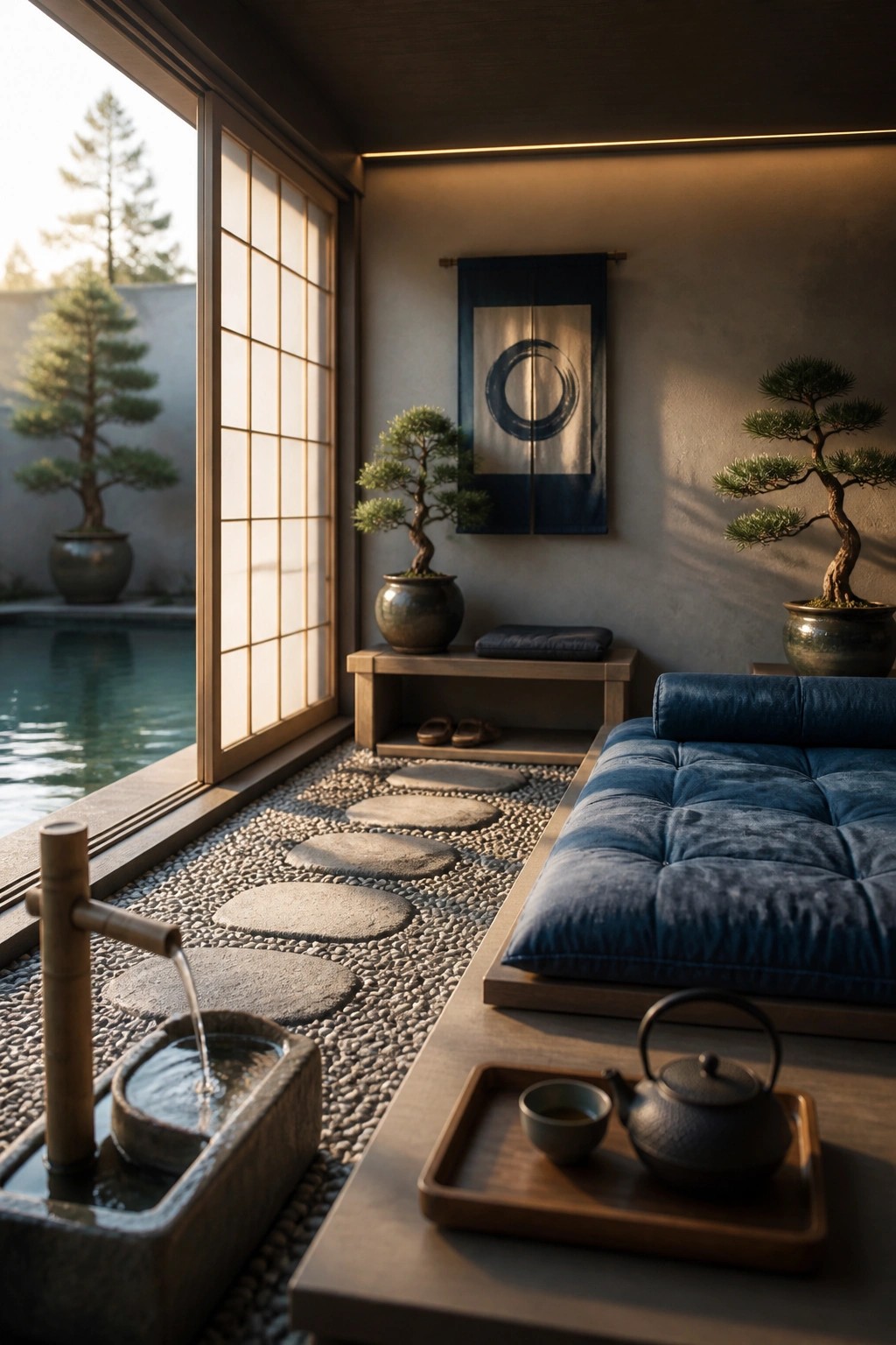 22 Creative Pool Cabana Layout Ideas That Maximize Limited Poolside Space An indoor Japanese-style room with blue platform seating, pebble flooring and stepping stones, a bamboo water feature, and open shoji doors leading to a pool outside.