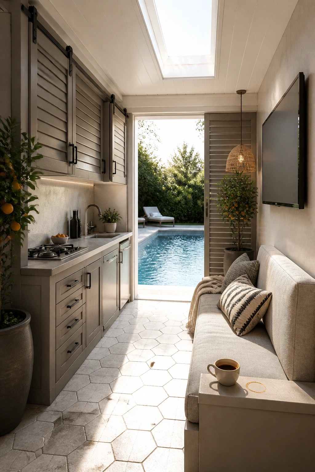 22 Creative Pool Cabana Layout Ideas That Maximize Limited Poolside Space A narrow indoor pool cabana with a compact kitchen along the left wall and a built-in sofa along the right, opening through large doors to a swimming pool outside.