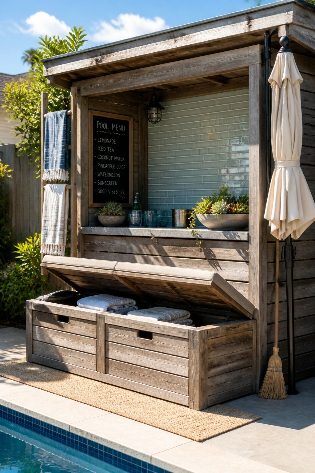 22 Creative Pool Cabana Layout Ideas That Maximize Limited Poolside Space A wooden poolside cabana features an open hinged storage bench filled with folded towels, a counter with a chalkboard menu, and potted plants beside a swimming pool.