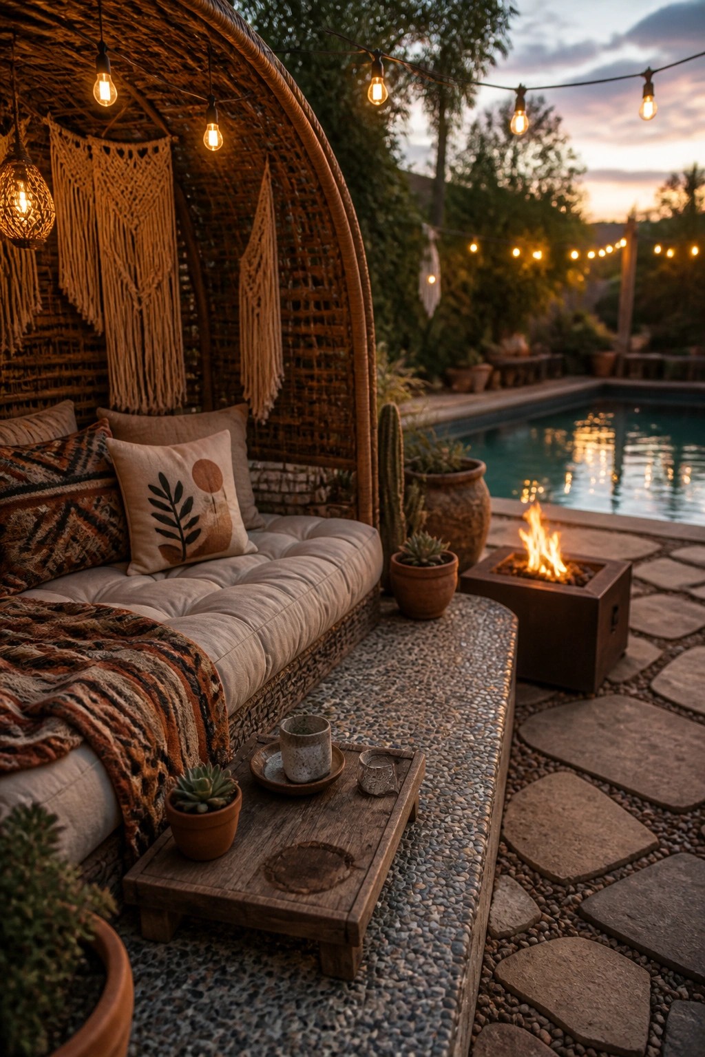 22 Creative Pool Cabana Layout Ideas That Maximize Limited Poolside Space A woven pod daybed with cushions sits on a pebble-edged stone patio next to a swimming pool, with a fire pit nearby.
