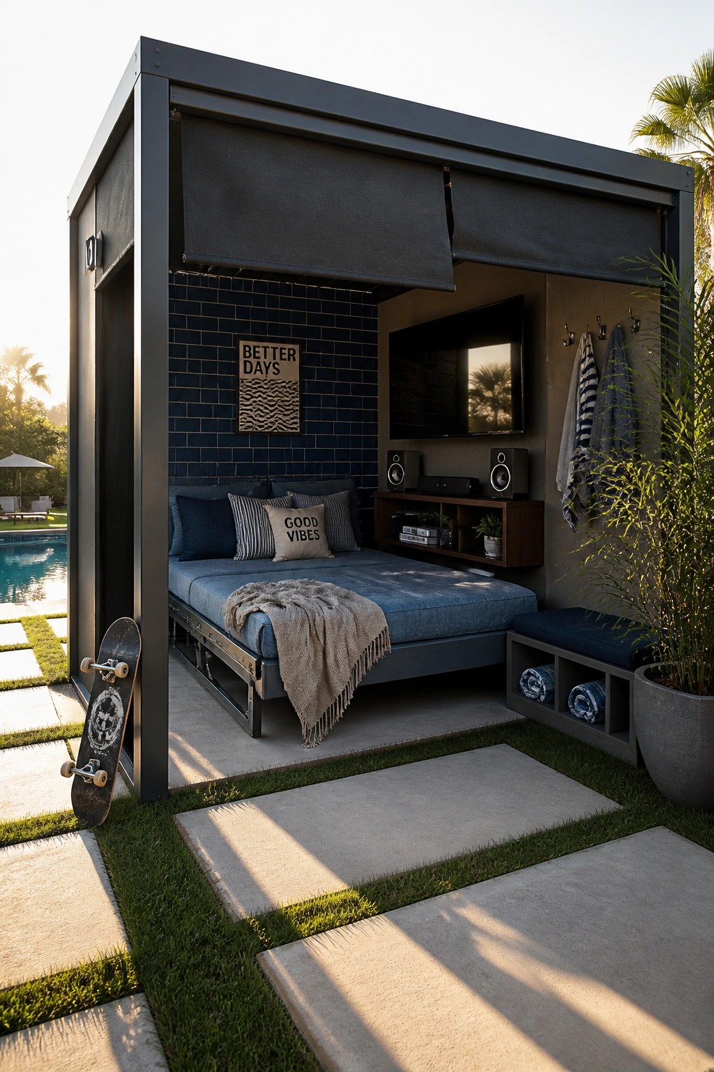 22 Creative Pool Cabana Layout Ideas That Maximize Limited Poolside Space A modern outdoor cabana with a blue daybed, wall-mounted TV, and storage bench positioned beside a swimming pool.