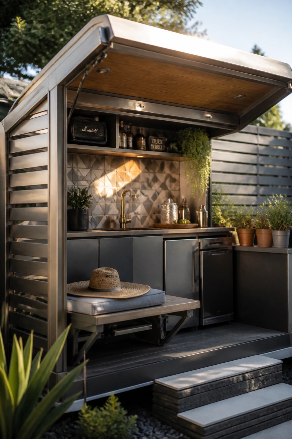 22 Creative Pool Cabana Layout Ideas That Maximize Limited Poolside Space Modern stainless steel outdoor kitchen with open lid, sink, and straw hat on bench