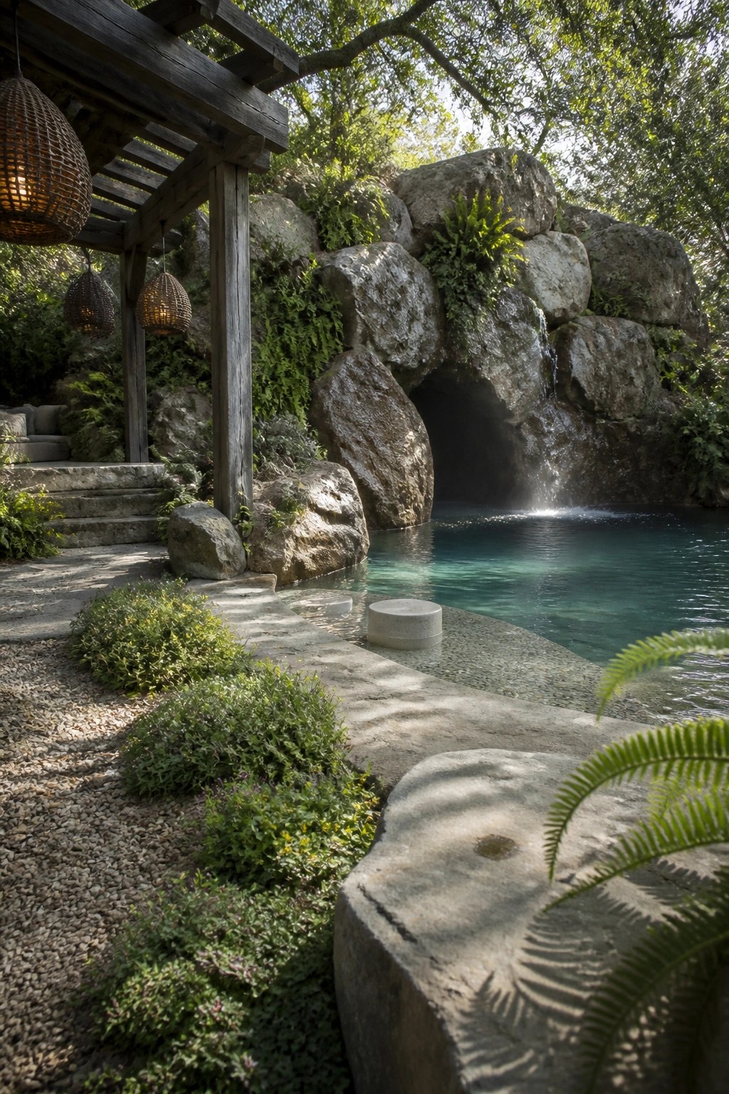 A swimming pool edged with large natural boulders, ferns, and a small waterfall, with gravel paths and a wooden pergola nearby.