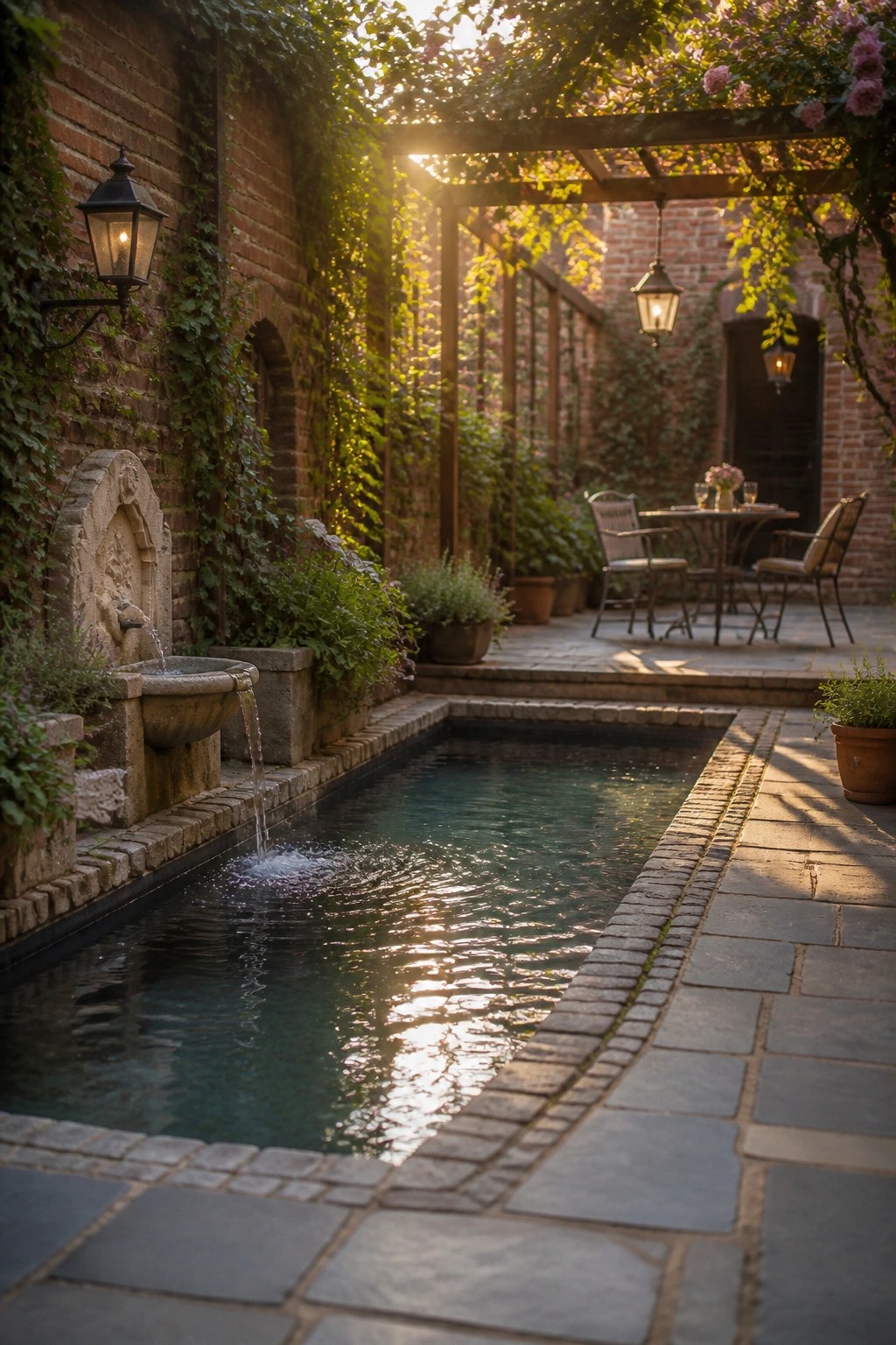 A narrow rectangular pool with brick edging and a stone wall fountain on a vine-covered brick wall in a shaded courtyard.