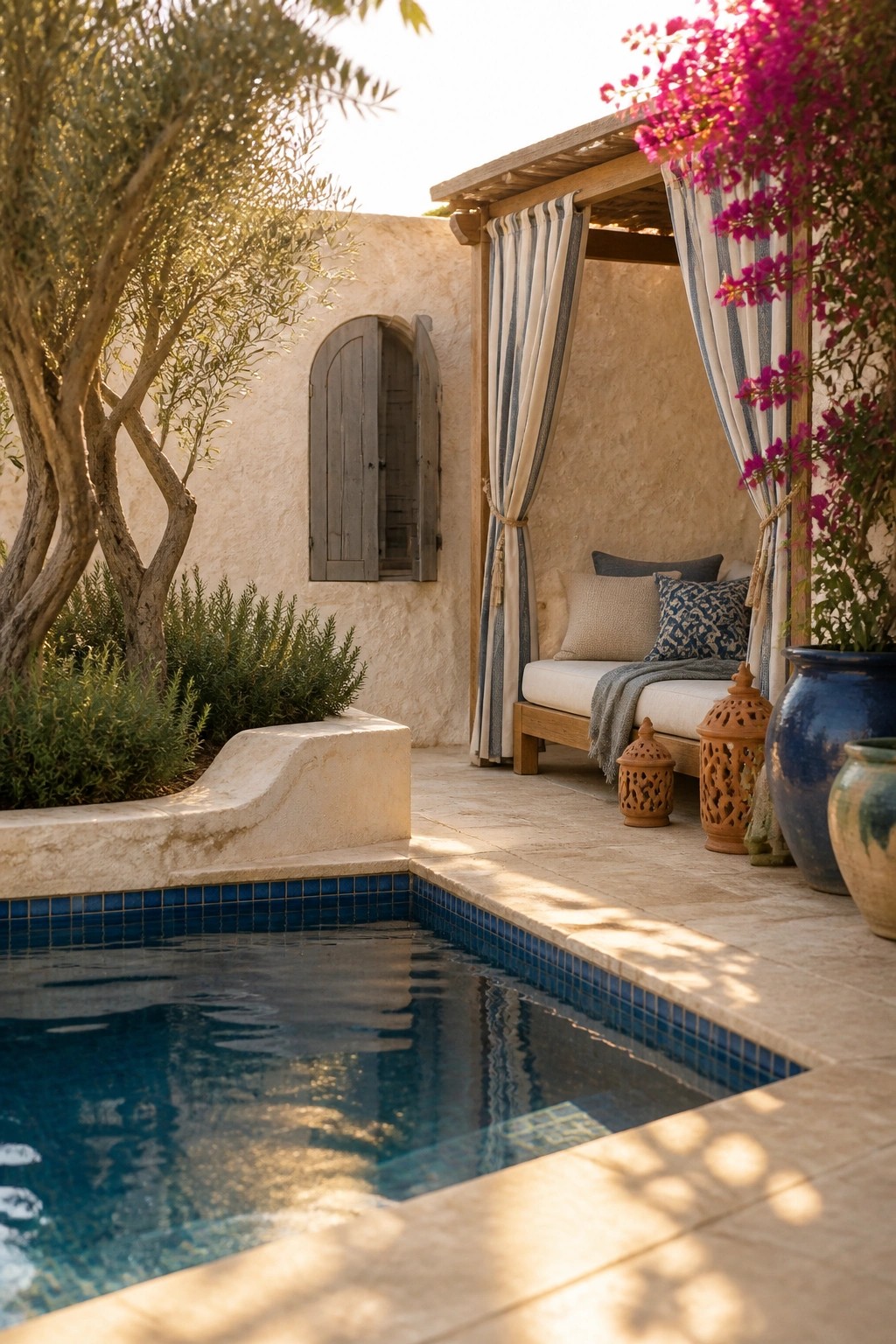A rectangular pool with blue tile is bordered by light stone paving and a raised stone planter holding an olive tree and green shrubs, next to a wooden cabana with striped curtains and ceramic pots.