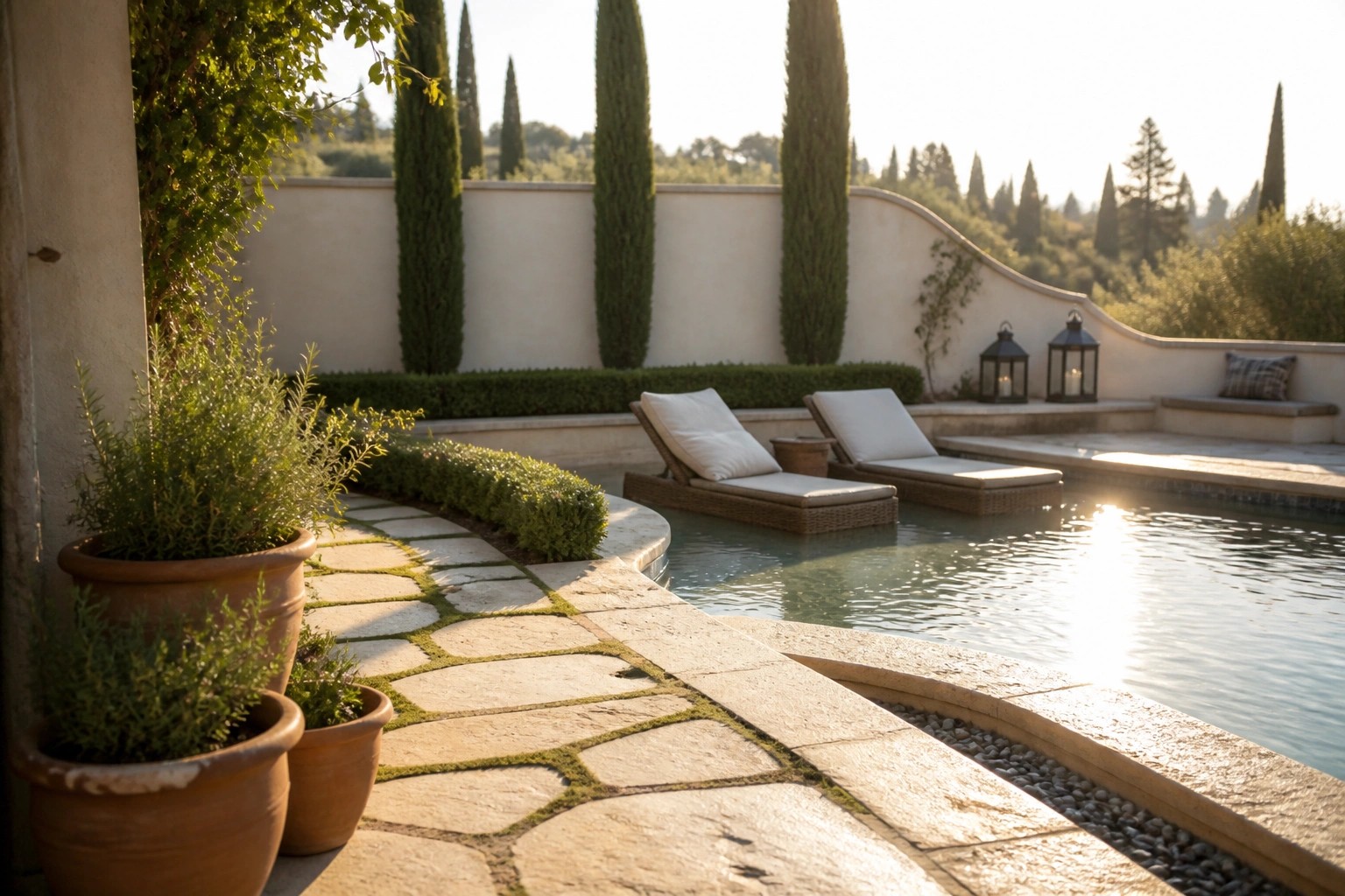 Poolside lounge chairs by stone path, cypress trees, and sunlit pool.