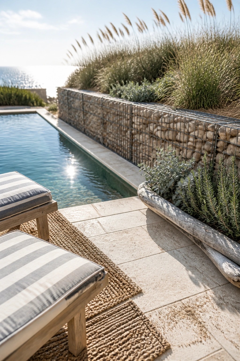 A poolside scene with a long gabion stone wall, layered grasses and shrubs, stone paving, and striped lounge chairs on woven mats.