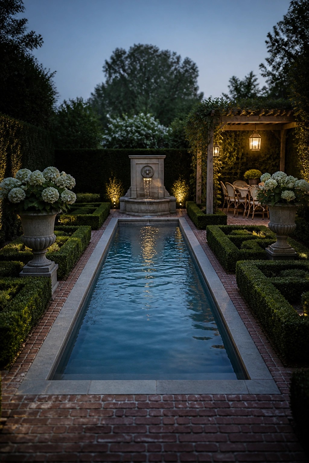 A long rectangular pool bordered by low boxwood hedges leads to a stone fountain, with stone urns holding white flowers and a pergola seating area on the right.
