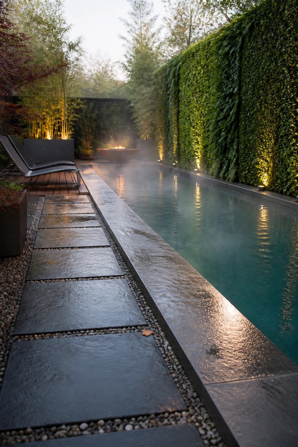 A long rectangular pool with dark stone coping and a linear stone path beside it, lined by a tall green living wall with lounge chairs and a fire pit visible at the far end.