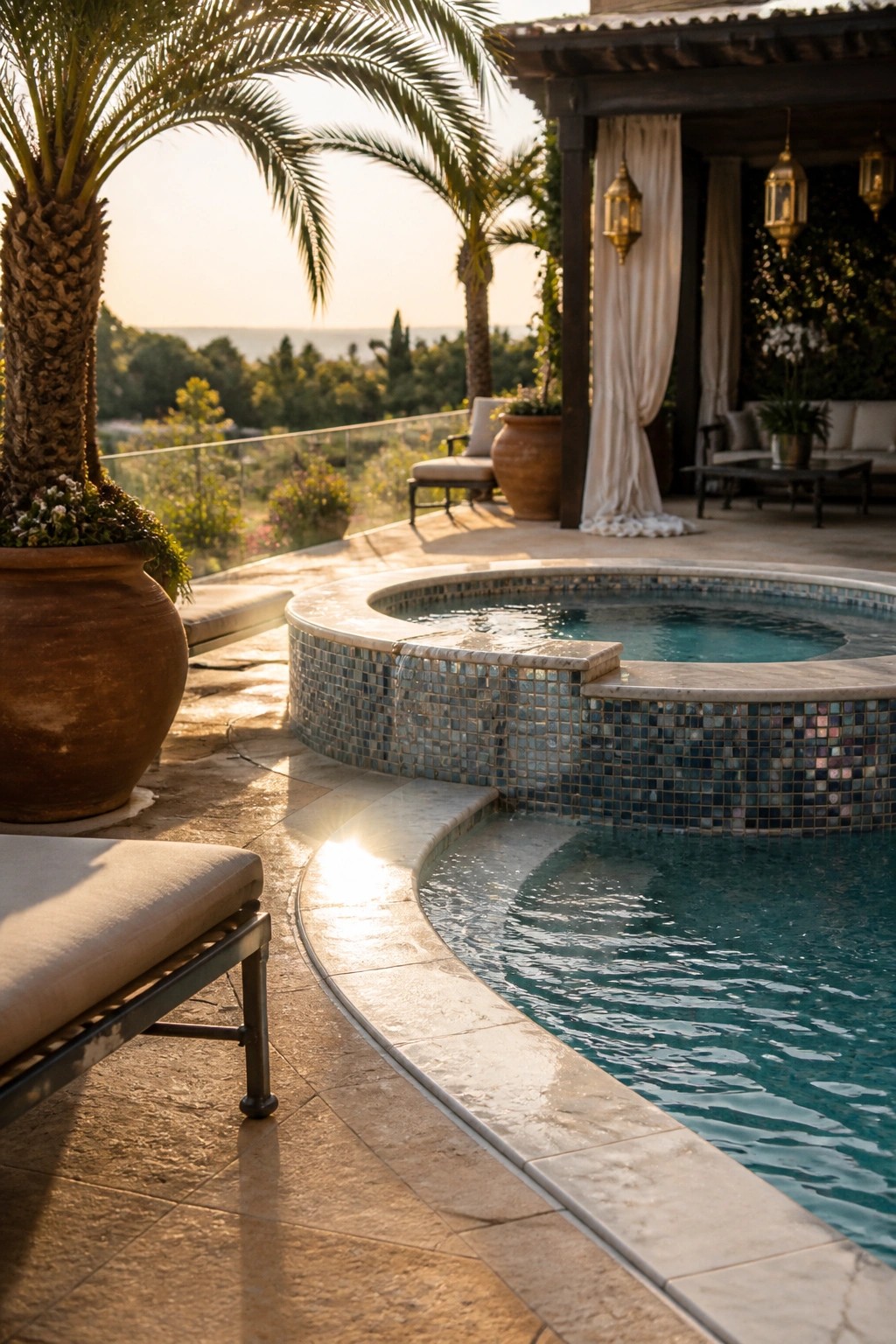 A curved swimming pool with blue mosaic tile edging sits on a light stone deck, surrounded by large terracotta pots holding palms and other plants along with outdoor lounge chairs.