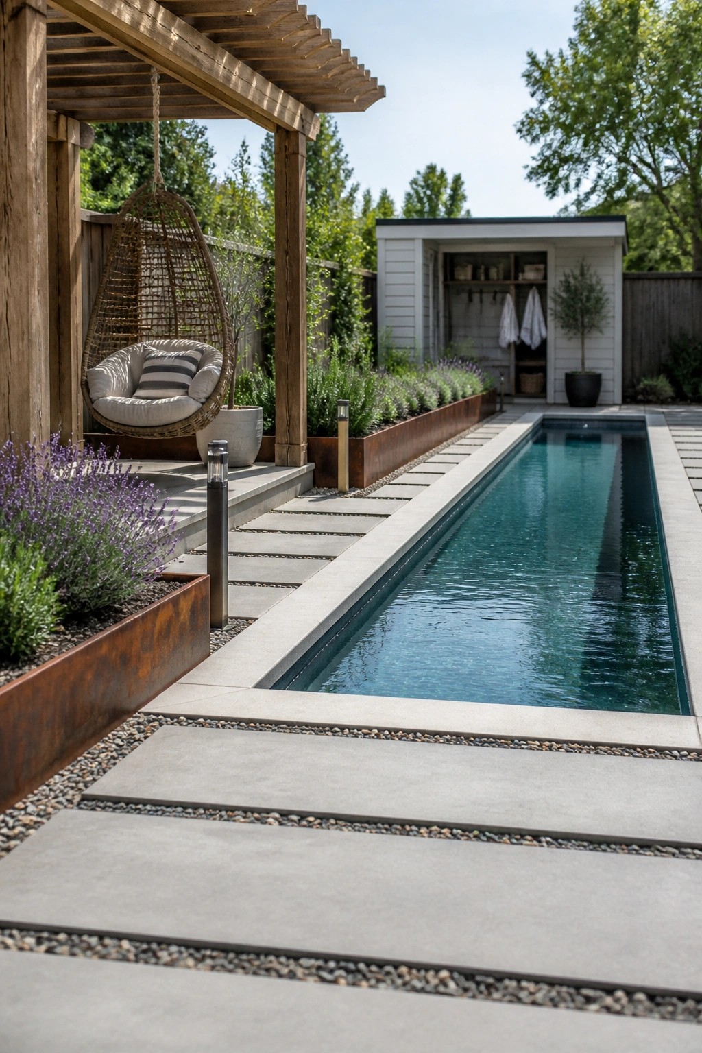 A long rectangular pool bordered by concrete pavers and rusted metal planters filled with lavender and green shrubs, with a hanging chair under a wooden pergola on the left.