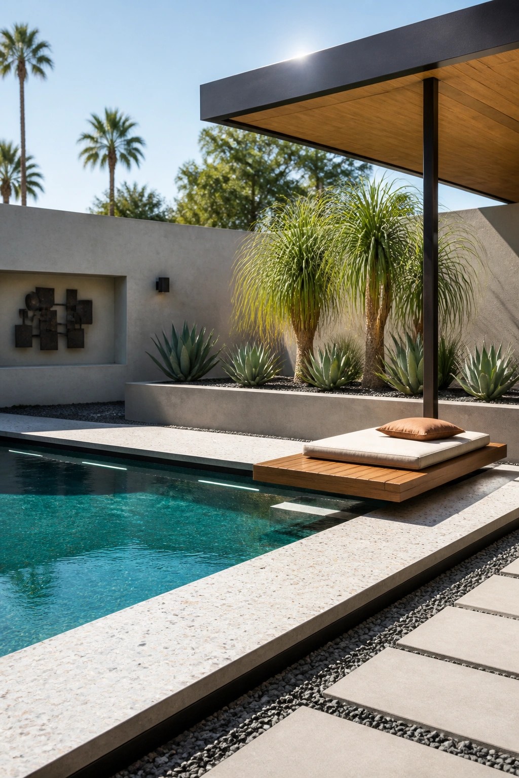A modern pool area with a floating wooden lounge platform, raised concrete planters holding agave plants and tall grasses, gravel edging, and a stone path beside the water.