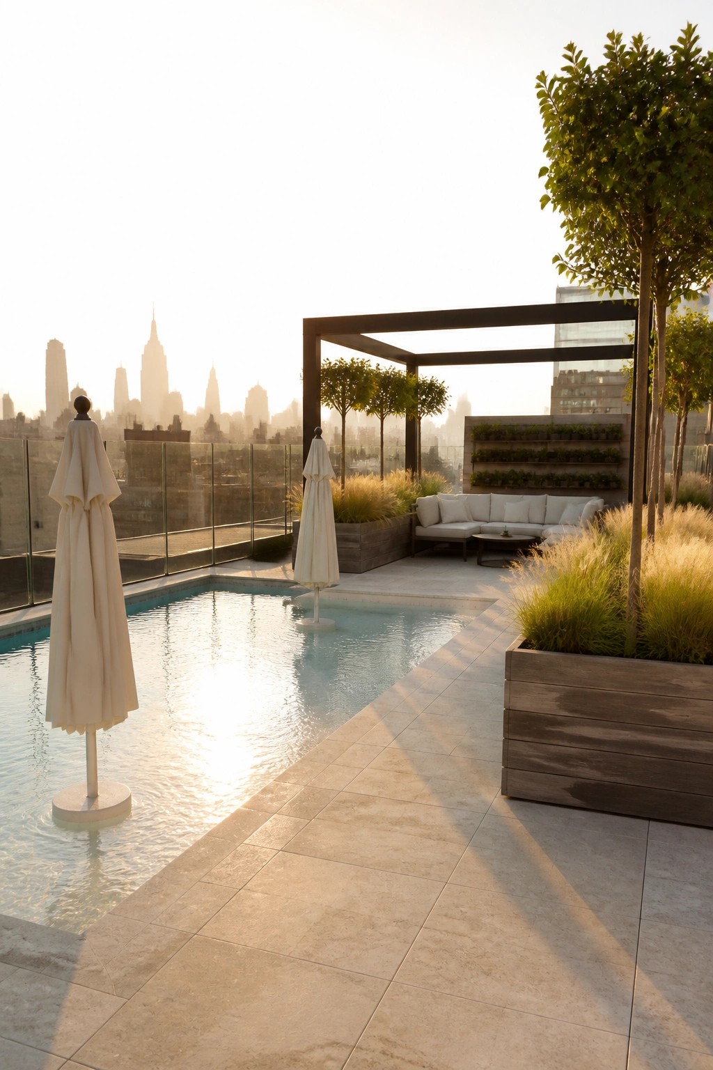 Rooftop pool deck with light stone tiles, white umbrellas, a lounge sofa under a dark frame, and multiple wooden planters holding tall grasses and small trees, with a city skyline in the background.
