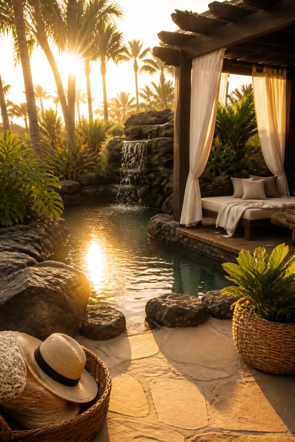 A tropical pool edged with large dark rocks and a small waterfall, with palm trees, a wooden cabana, and stone pavers in the foreground.