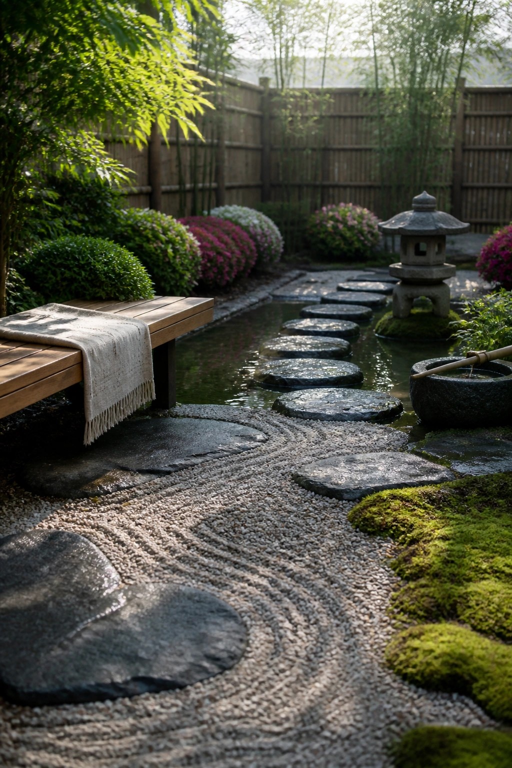 A garden scene with large dark stepping stones crossing a shallow pond, surrounded by raked gravel, moss, flowering shrubs, a stone lantern, and a wooden bench.