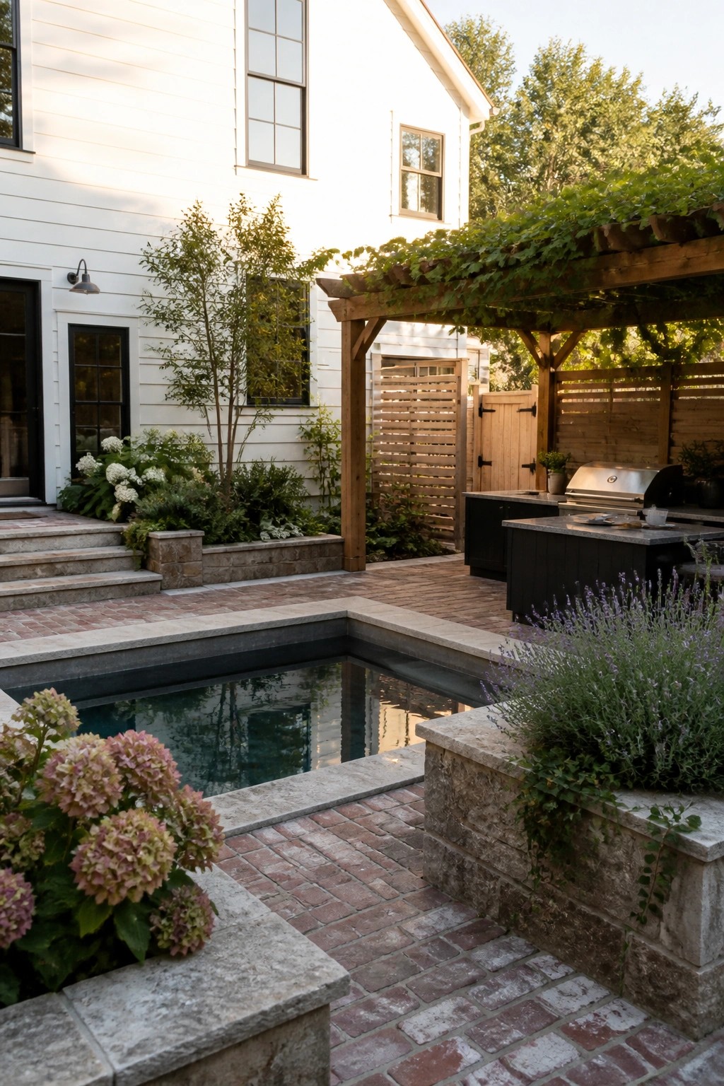 A rectangular pool with gray stone coping sits in a brick-paved backyard beside a white house, surrounded by raised stone planters holding lavender, hydrangeas, and other greenery, with a wooden pergola and outdoor kitchen visible in the background.