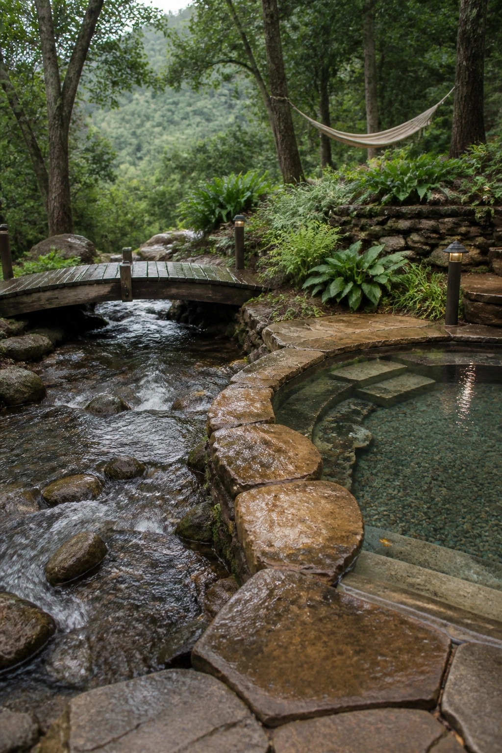 Wooden bridge over stream beside stone pool with hammock in lush forest