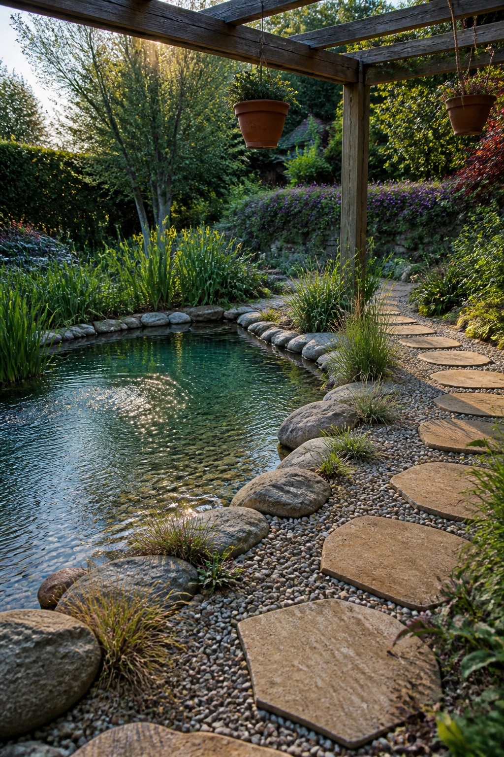 Garden pond with stepping stone path under wooden pergola and hanging pots