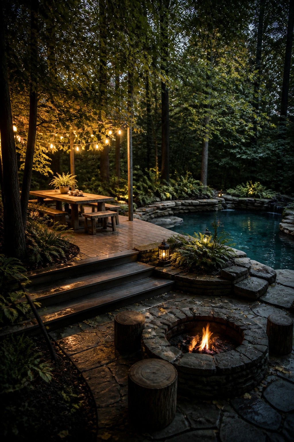 A wooden deck with a picnic table leads down stone steps to a circular stone fire pit beside a swimming pool, surrounded by ferns and trees at dusk.